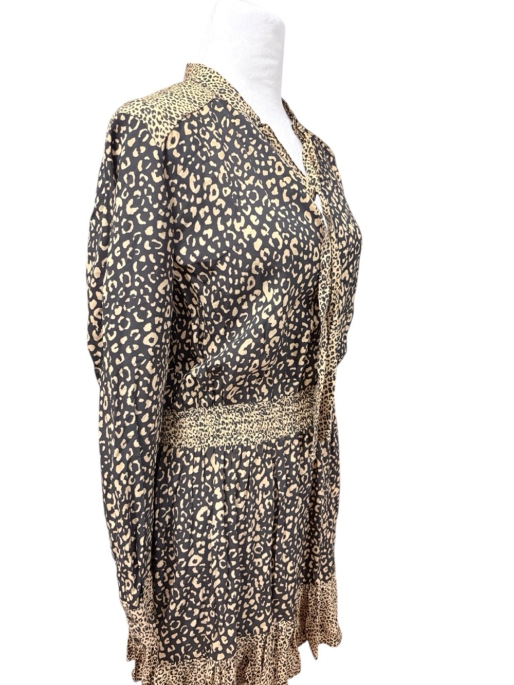 Zara Brown Leopard-Print Tie-Neck Mini Dress Sz Large - Picture 5 of 11